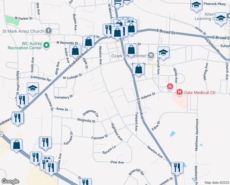 map of restaurants, bars, coffee shops, grocery stores, and more near 150 Houston Street in Ozark