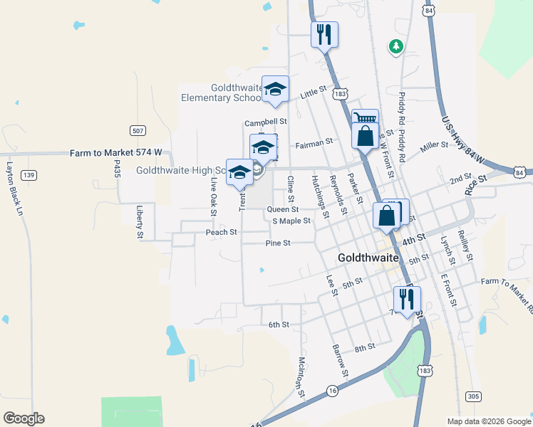 map of restaurants, bars, coffee shops, grocery stores, and more near 1510 Mesquite Street in Goldthwaite
