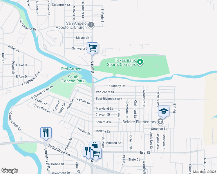 map of restaurants, bars, coffee shops, grocery stores, and more near 133 Kennedy Drive in San Angelo