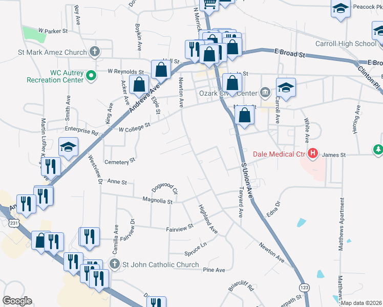map of restaurants, bars, coffee shops, grocery stores, and more near 508 Newton Avenue in Ozark