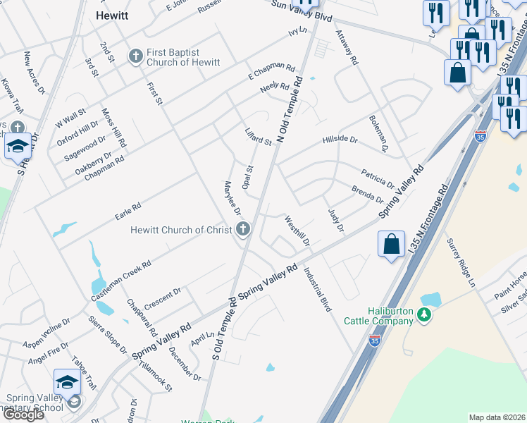 map of restaurants, bars, coffee shops, grocery stores, and more near 100 Cross Country Drive in Hewitt
