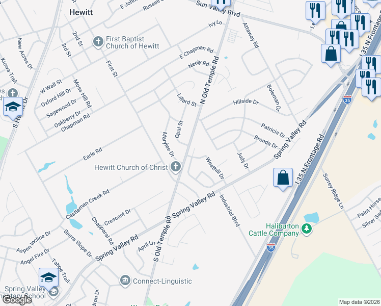 map of restaurants, bars, coffee shops, grocery stores, and more near 100 Cross Country Drive in Hewitt
