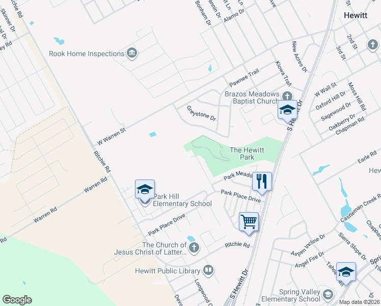 map of restaurants, bars, coffee shops, grocery stores, and more near 506 Shady Park Trail in Hewitt