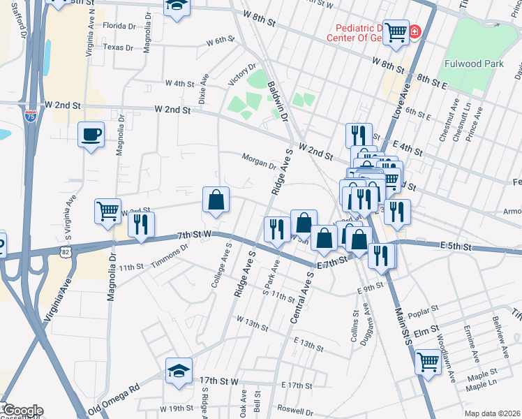 map of restaurants, bars, coffee shops, grocery stores, and more near 303 Ridge Avenue South in Tifton