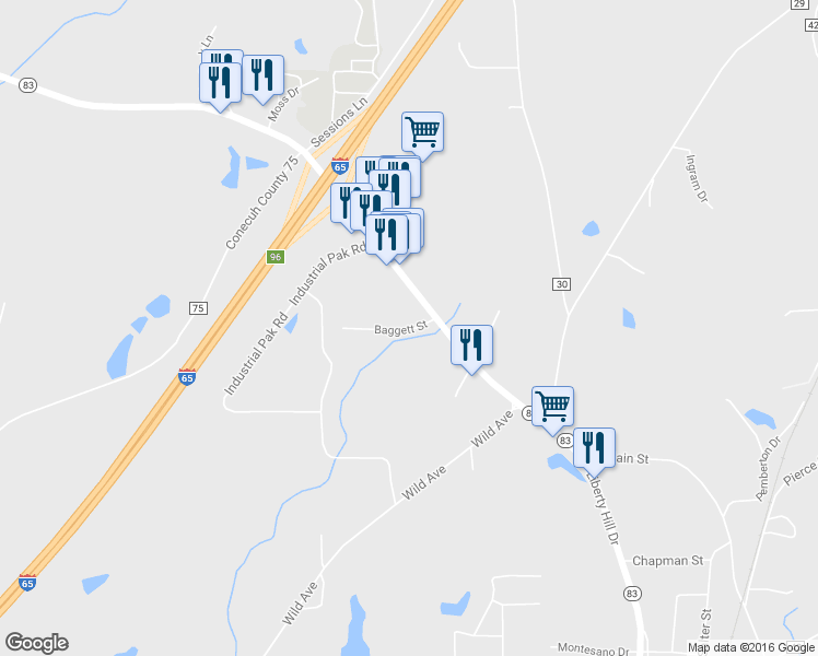 map of restaurants, bars, coffee shops, grocery stores, and more near 108 Baggett Street in Evergreen