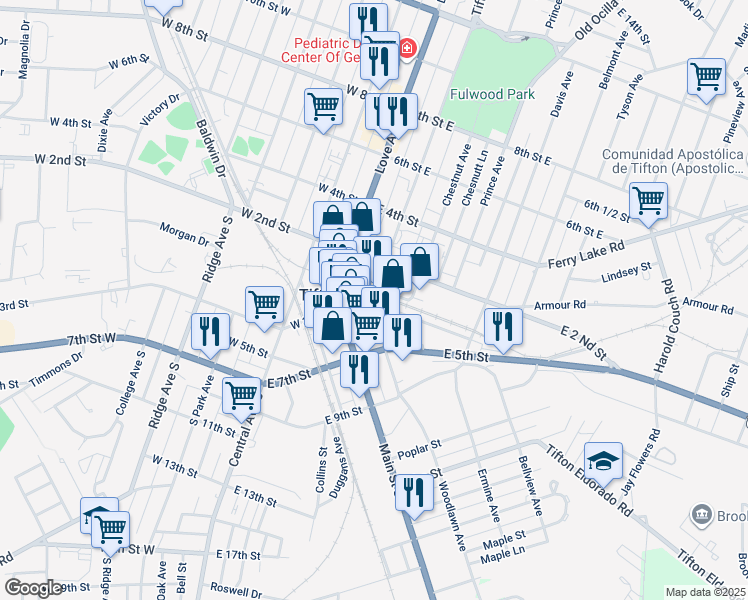 map of restaurants, bars, coffee shops, grocery stores, and more near 301 Tift Ave S in Tifton