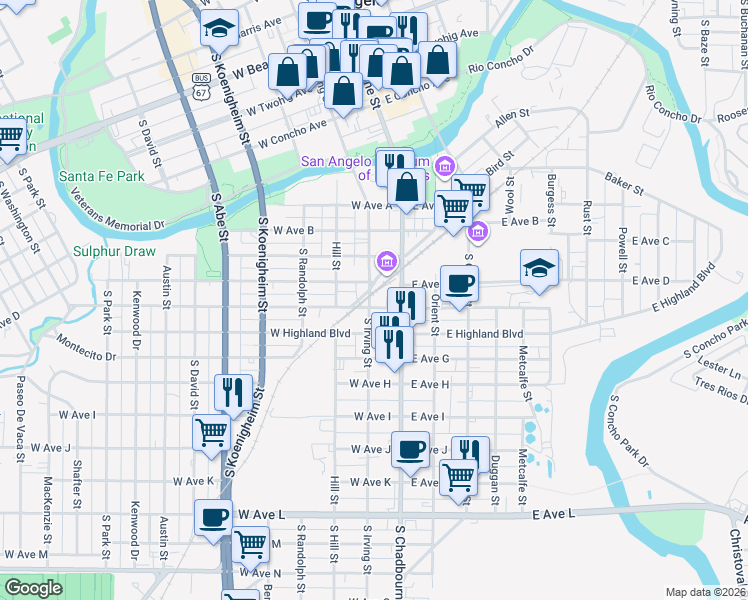 map of restaurants, bars, coffee shops, grocery stores, and more near 166-194 Hardeman Pass in San Angelo