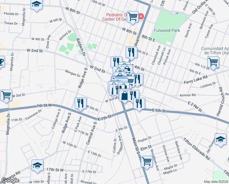 map of restaurants, bars, coffee shops, grocery stores, and more near in Tifton