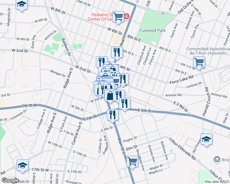 map of restaurants, bars, coffee shops, grocery stores, and more near 302 Tift Avenue South in Tifton