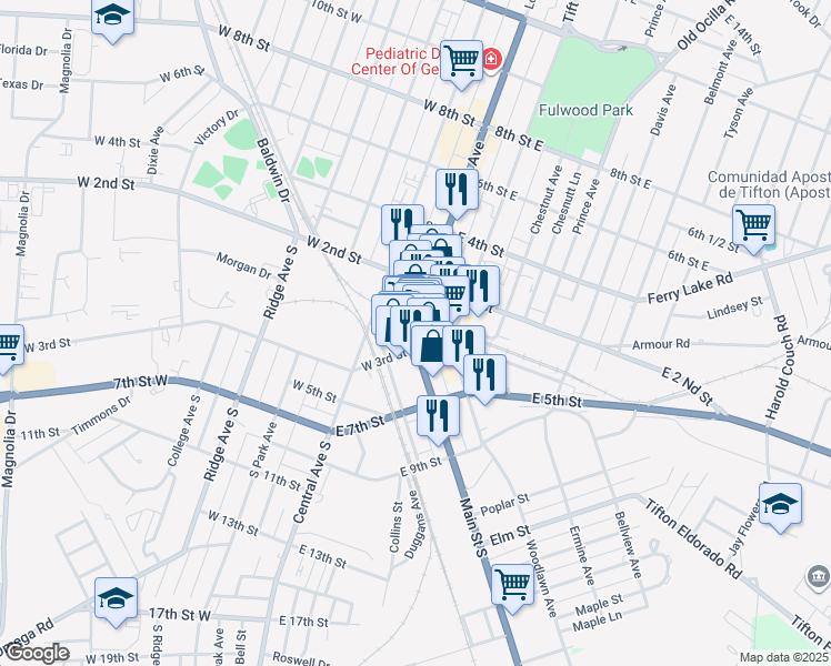map of restaurants, bars, coffee shops, grocery stores, and more near 121 Love Avenue in Tifton