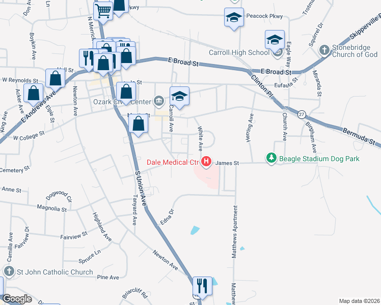 map of restaurants, bars, coffee shops, grocery stores, and more near 191 Katherine Avenue in Ozark