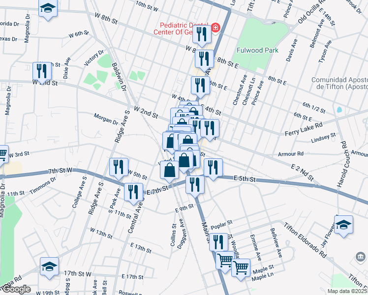 map of restaurants, bars, coffee shops, grocery stores, and more near 121 Love Avenue in Tifton