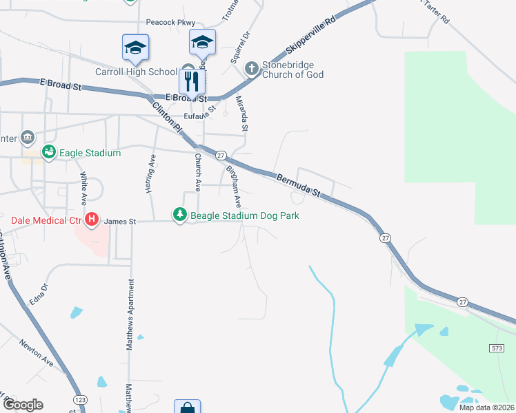 map of restaurants, bars, coffee shops, grocery stores, and more near 439 Bingham Avenue in Ozark
