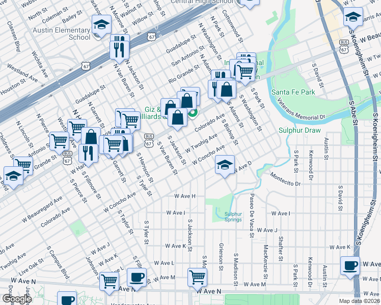 map of restaurants, bars, coffee shops, grocery stores, and more near 203 S Monroe St in San Angelo