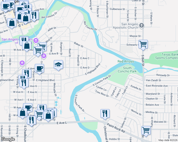 map of restaurants, bars, coffee shops, grocery stores, and more near 703 East Avenue D in San Angelo