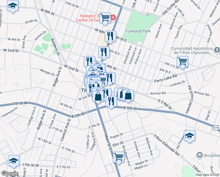 map of restaurants, bars, coffee shops, grocery stores, and more near 311 2nd Street East in Tifton
