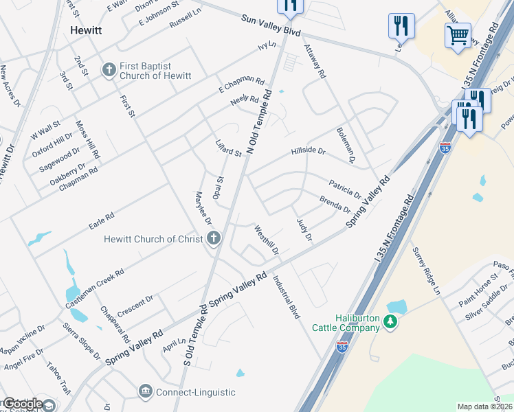 map of restaurants, bars, coffee shops, grocery stores, and more near 100 Brenda Drive in Hewitt