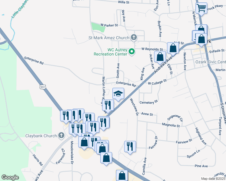 map of restaurants, bars, coffee shops, grocery stores, and more near 994 Andrews Avenue in Ozark