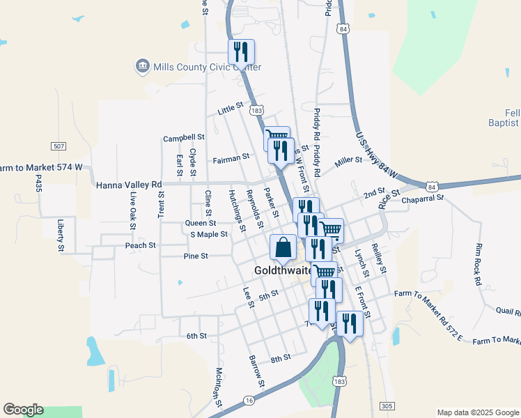 map of restaurants, bars, coffee shops, grocery stores, and more near 1410 Reynolds Street in Goldthwaite