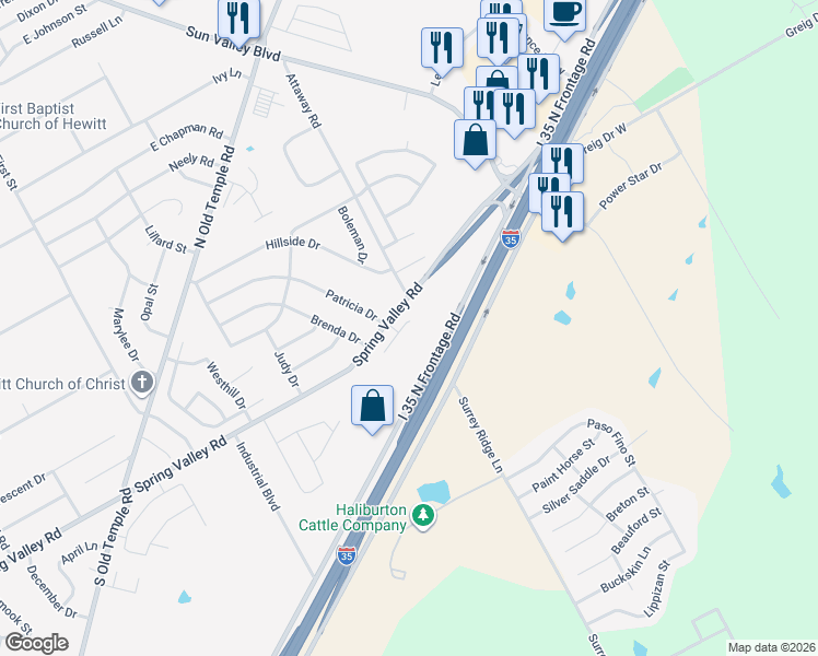 map of restaurants, bars, coffee shops, grocery stores, and more near 551 East Spring Valley Road in Hewitt