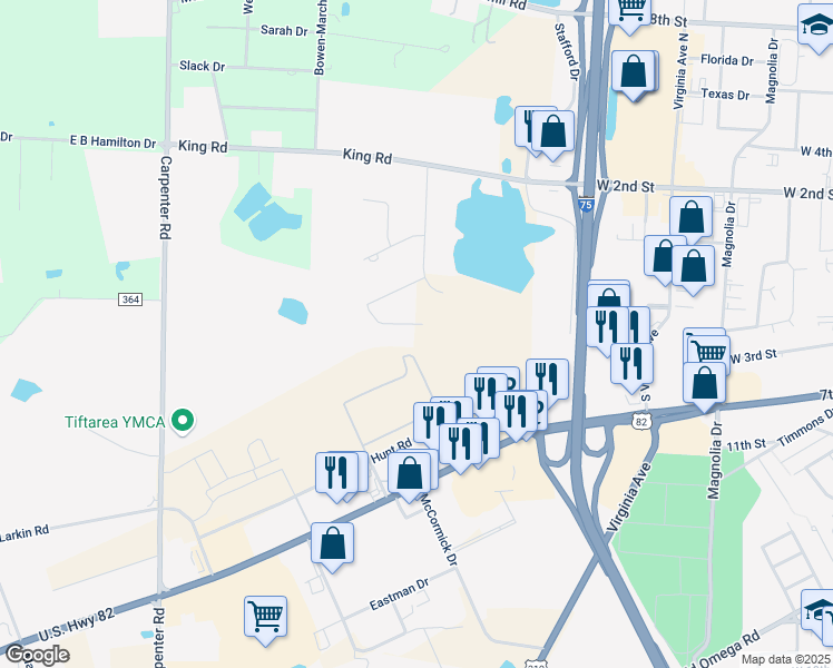 map of restaurants, bars, coffee shops, grocery stores, and more near 1201 Shephan Court in Tifton