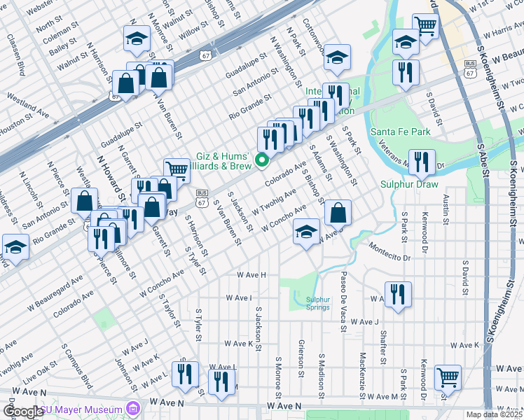 map of restaurants, bars, coffee shops, grocery stores, and more near 1599 W Twohig Ave in San Angelo