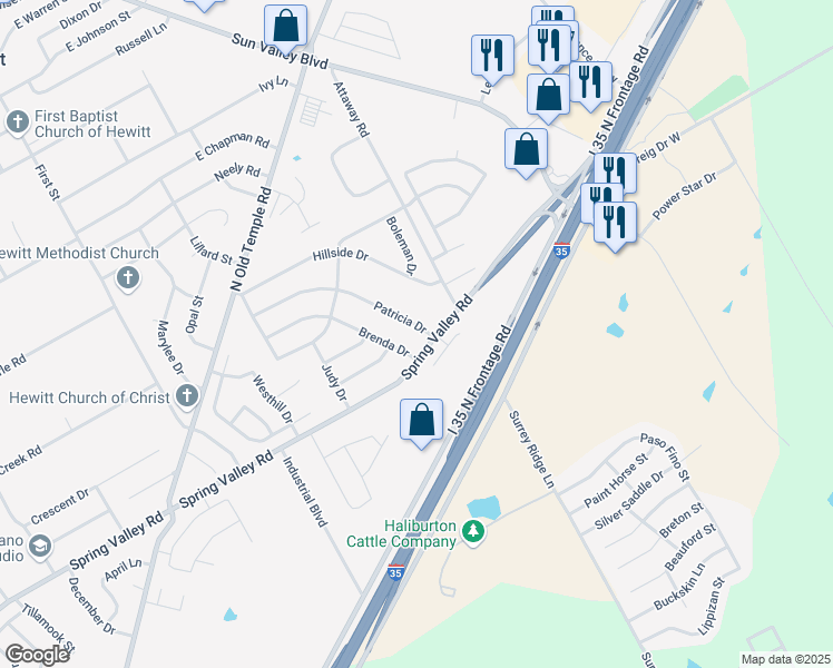 map of restaurants, bars, coffee shops, grocery stores, and more near 405 Patricia Drive in Hewitt
