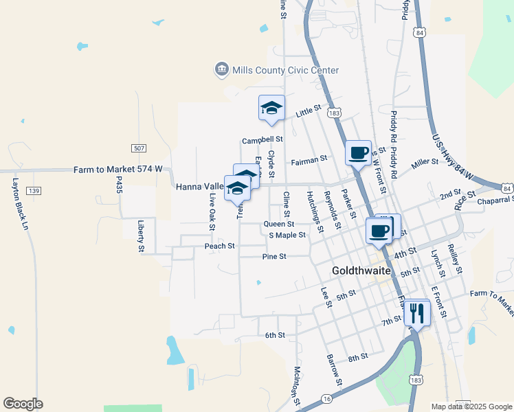 map of restaurants, bars, coffee shops, grocery stores, and more near 1610 Trent Street in Goldthwaite