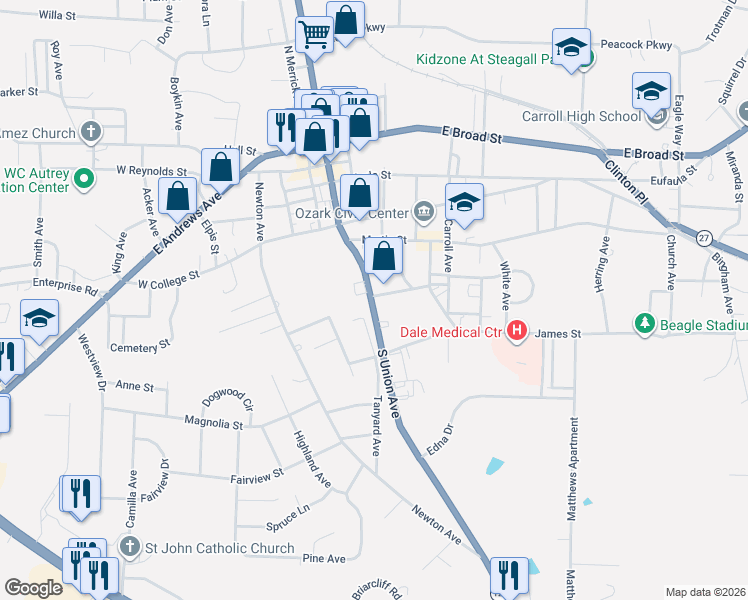 map of restaurants, bars, coffee shops, grocery stores, and more near 100-162 Community Drive in Ozark