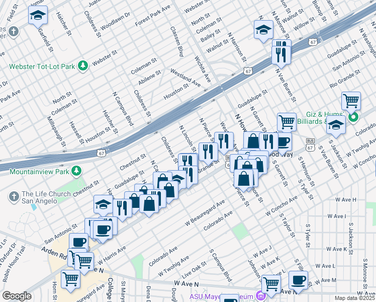 map of restaurants, bars, coffee shops, grocery stores, and more near 2409 Guadalupe Street in San Angelo