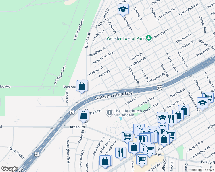 map of restaurants, bars, coffee shops, grocery stores, and more near 3230 Abilene Street in San Angelo