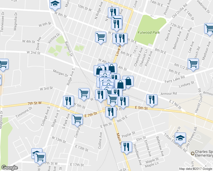 map of restaurants, bars, coffee shops, grocery stores, and more near 121 Love Avenue in Tifton