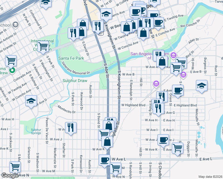 map of restaurants, bars, coffee shops, grocery stores, and more near 431 West Avenue D in San Angelo