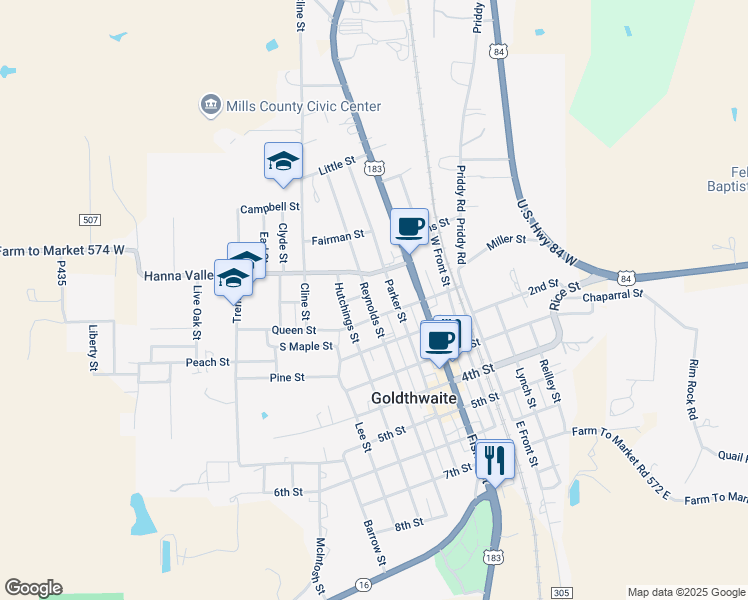 map of restaurants, bars, coffee shops, grocery stores, and more near 1410 Reynolds Street in Goldthwaite
