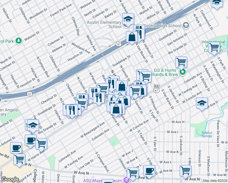 map of restaurants, bars, coffee shops, grocery stores, and more near 2126 Sherwood Way in San Angelo