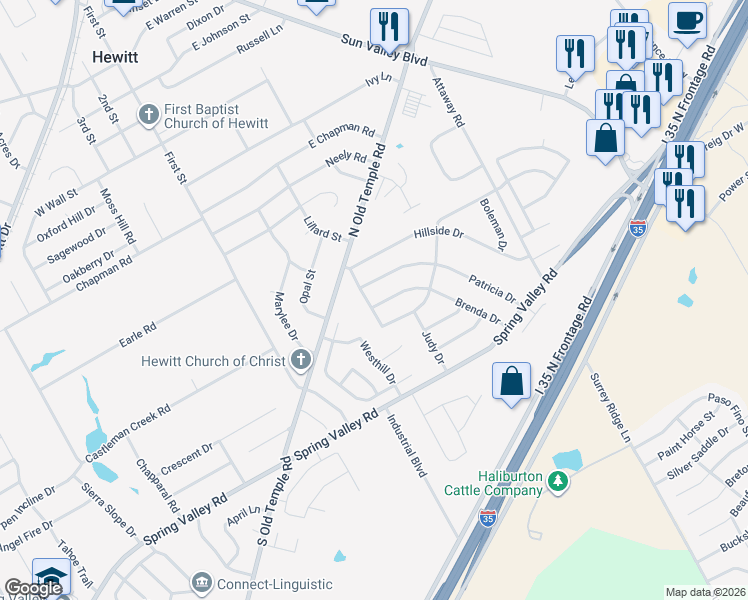 map of restaurants, bars, coffee shops, grocery stores, and more near 100 Brenda Drive in Hewitt
