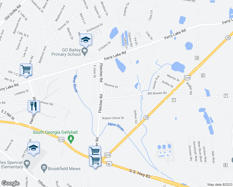 map of restaurants, bars, coffee shops, grocery stores, and more near 1407 Bill Bowen Road in Tifton