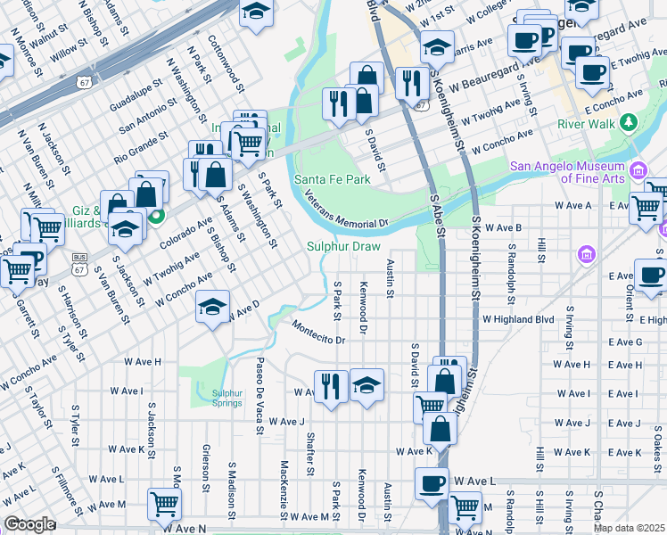 map of restaurants, bars, coffee shops, grocery stores, and more near 904 West Avenue D in San Angelo