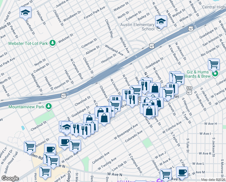 map of restaurants, bars, coffee shops, grocery stores, and more near 2409 Guadalupe Street in San Angelo