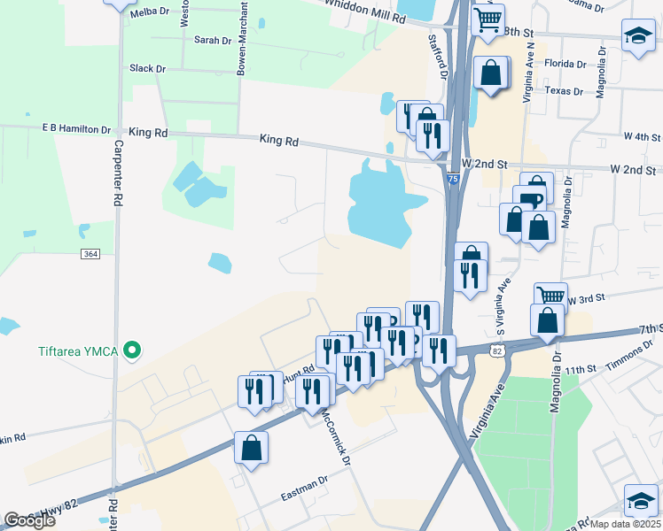map of restaurants, bars, coffee shops, grocery stores, and more near 1201 Shephan Court in Tifton