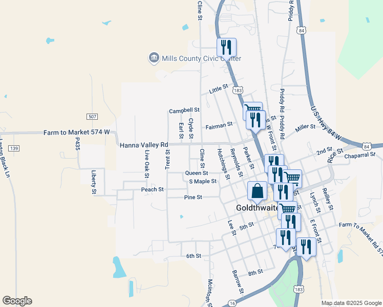 map of restaurants, bars, coffee shops, grocery stores, and more near 1610 Trent Street in Goldthwaite