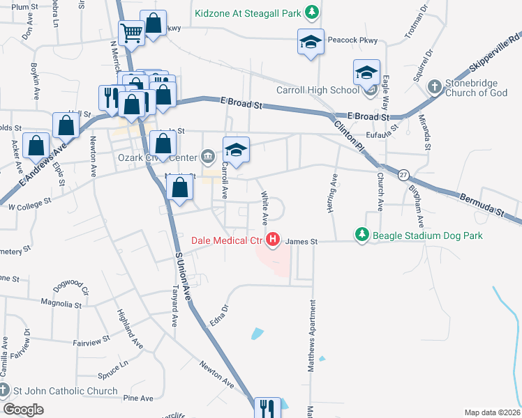 map of restaurants, bars, coffee shops, grocery stores, and more near 191 Katherine Avenue in Ozark