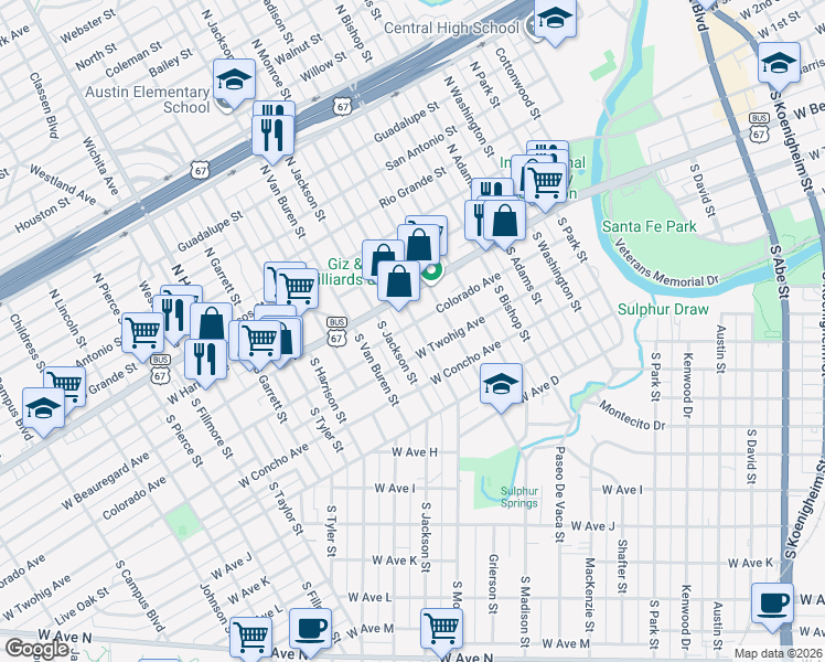 map of restaurants, bars, coffee shops, grocery stores, and more near 203 S Monroe St in San Angelo