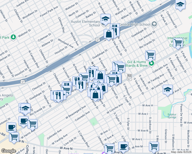 map of restaurants, bars, coffee shops, grocery stores, and more near 2126 Sherwood Way in San Angelo