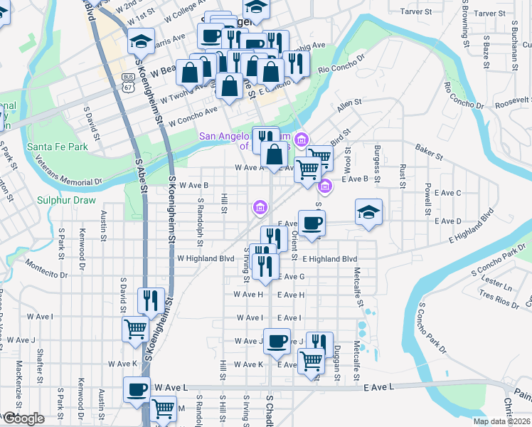map of restaurants, bars, coffee shops, grocery stores, and more near 194 Hardeman Pass in San Angelo