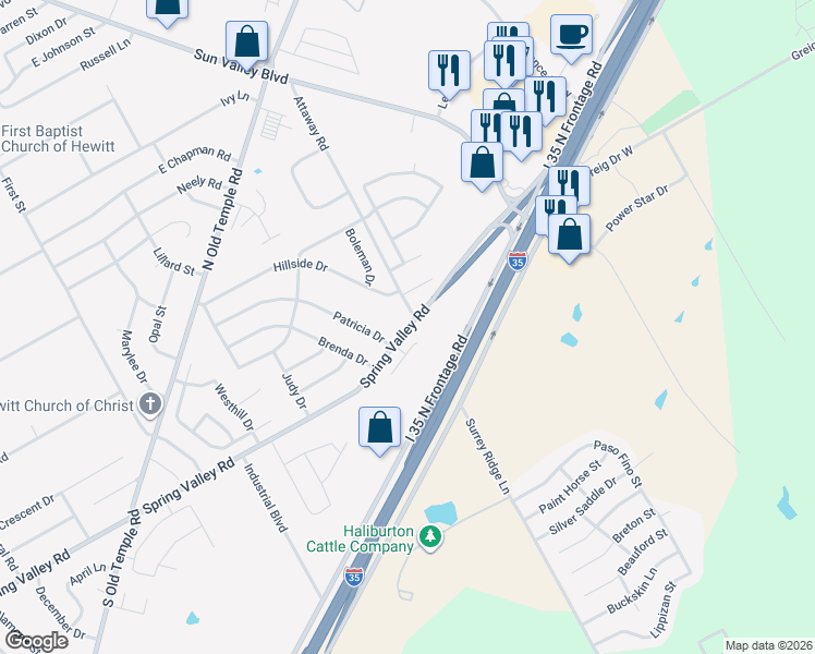 map of restaurants, bars, coffee shops, grocery stores, and more near 551 East Spring Valley Road in Hewitt