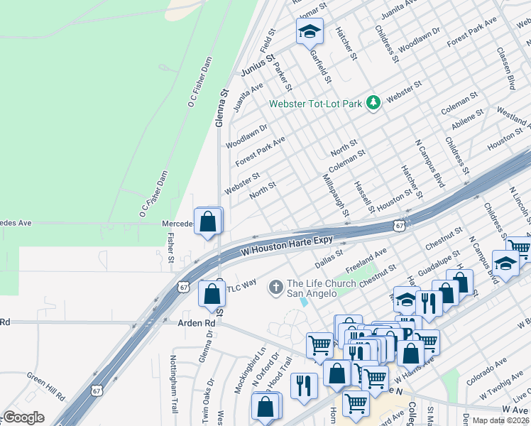map of restaurants, bars, coffee shops, grocery stores, and more near 3230 Abilene Street in San Angelo
