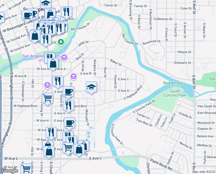 map of restaurants, bars, coffee shops, grocery stores, and more near 726 Rust Street in San Angelo