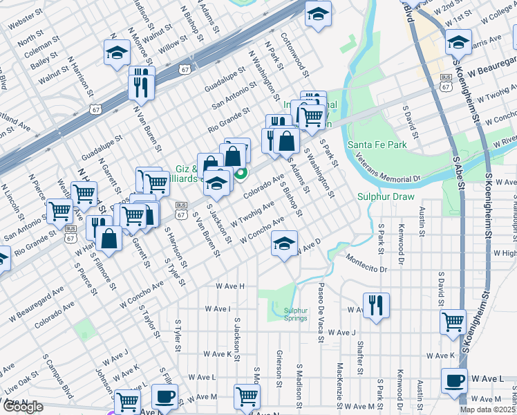 map of restaurants, bars, coffee shops, grocery stores, and more near 1501-1599 W Twohig Ave in San Angelo