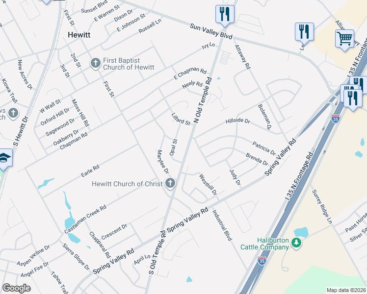 map of restaurants, bars, coffee shops, grocery stores, and more near 208 Old Temple Highway in Hewitt